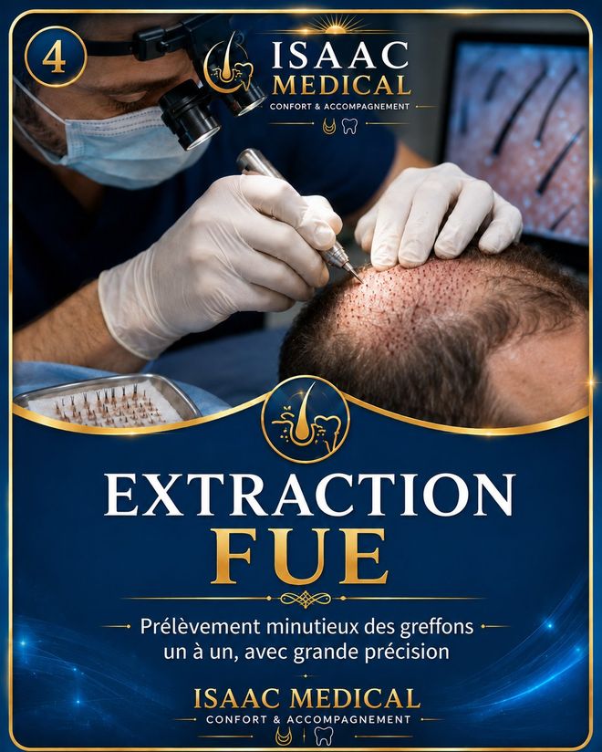Étape 4 — Extraction FUE : prélèvement minutieux des greffons un à un